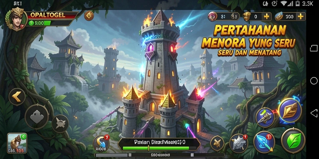 Screenshot gameplay OPALTOGEL menampilkan aksi pertahanan menara yang intens.