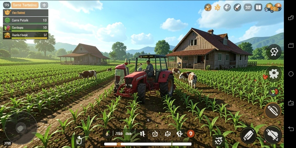 Tampilan gameplay V98 menampilkan lahan pertanian yang subur dan aktif.